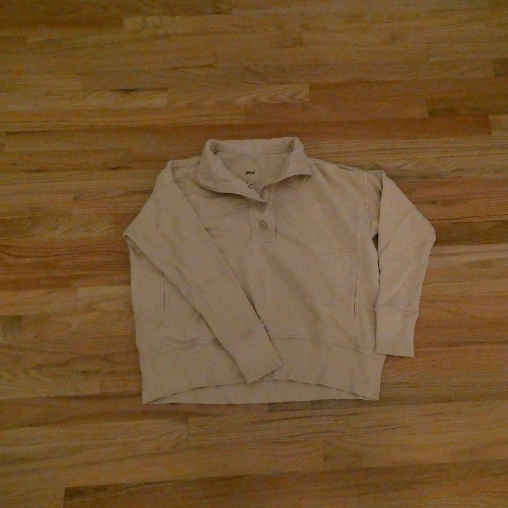 Aerie Beige Off-the-Shoulder Button Up Sweater
